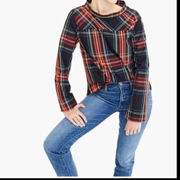 J. Crew Tartan Plaid Holiday Blouse with Rhinestone Button Collar - Picture 1 of 11